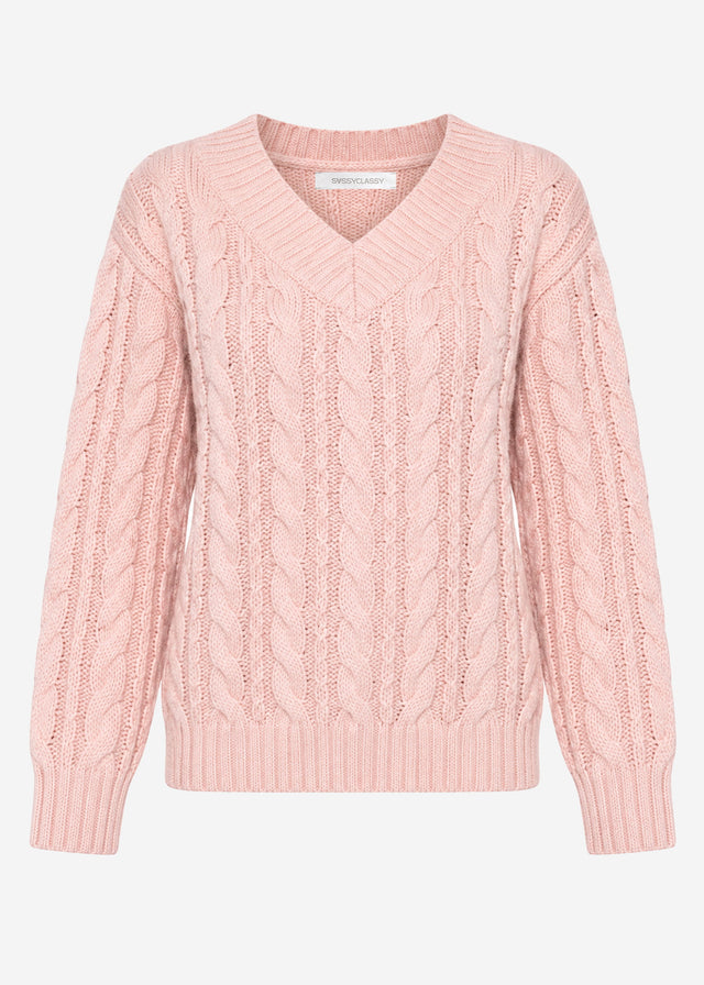 Cable knit jumper with V-neck - rose