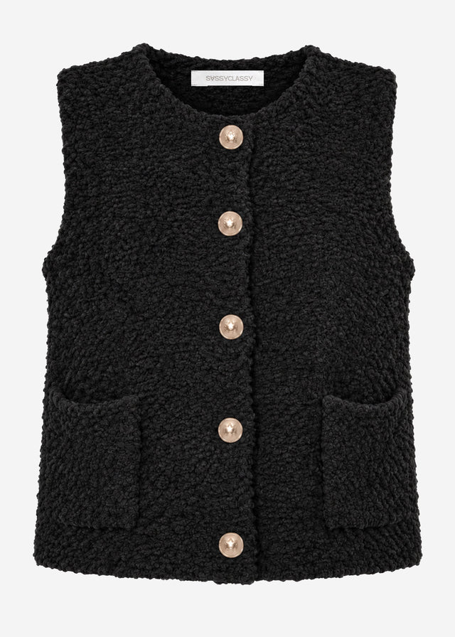 Bouclé-Weste mit Taschen - schwarz