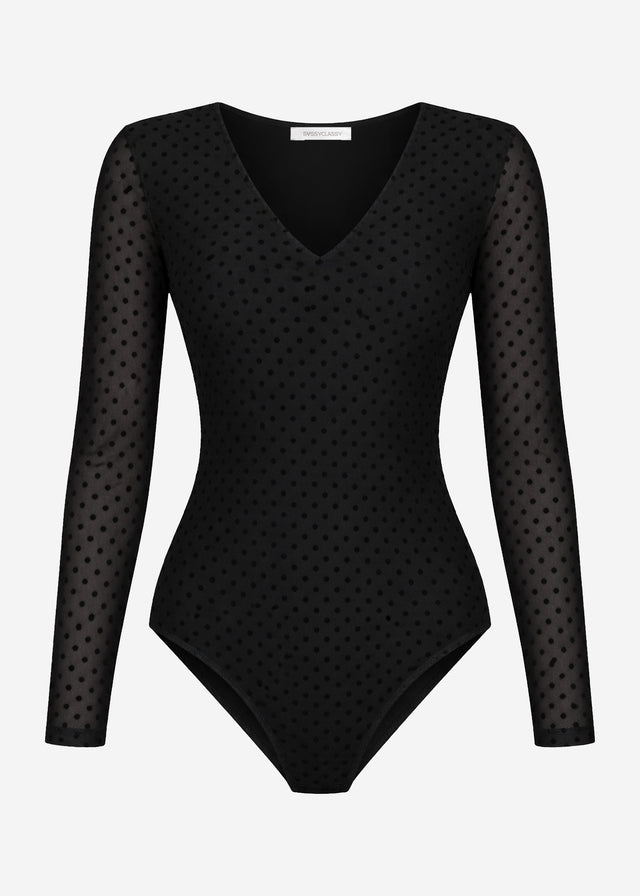 Sheer polka dot long-sleeved bodysuit - black