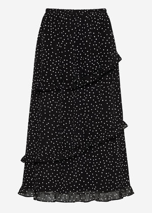 Polka dot long skirt with ruffles - black