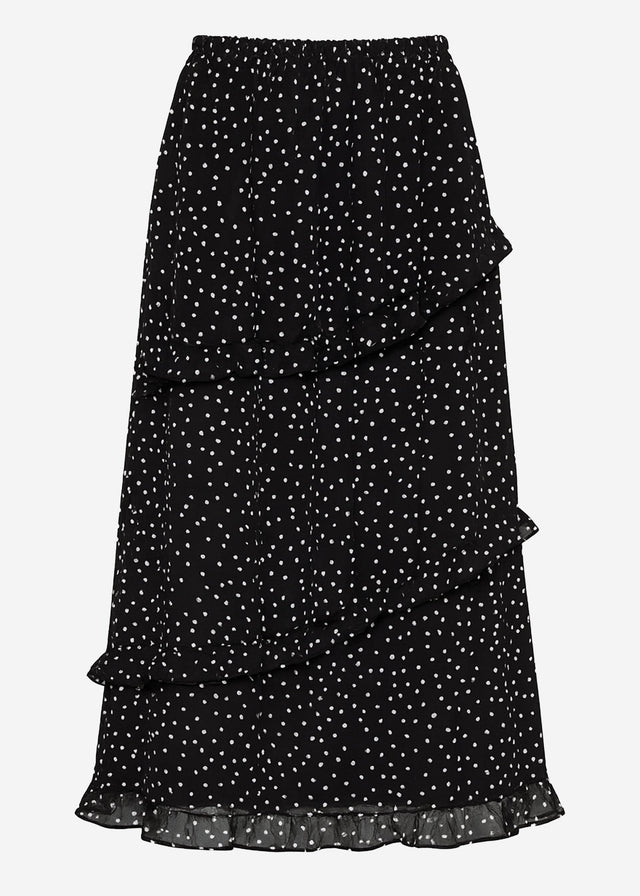 Gepunkteter langer Chiffon Rock mit Rüschen - schwarz