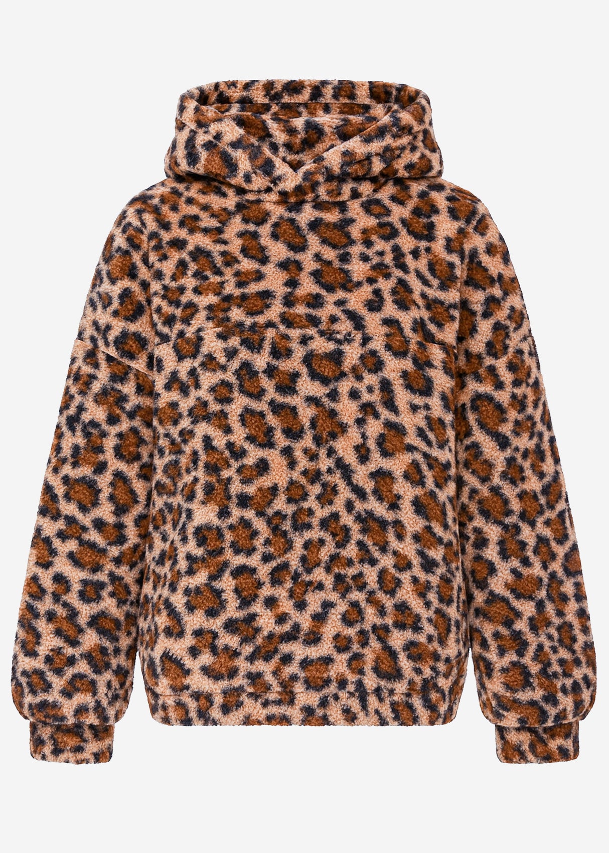 Oversize Teddy Sweatshirt mit Kapuze in Leo-Print - beige