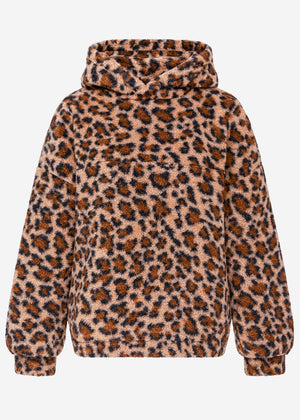 Oversize Teddy Sweatshirt mit Kapuze in Leo-Print - beige