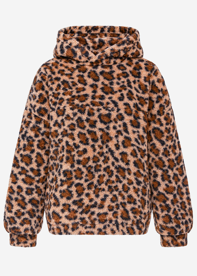Oversize Teddy Sweatshirt mit Kapuze in Leo-Print - beige