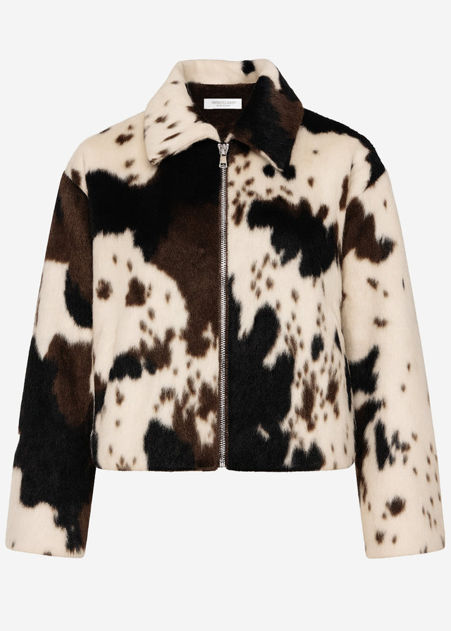 Kunstfelljacke mit Kuh-Print - offwhite