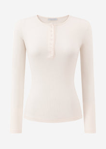 Geripptes Langarmshirt mit Knopfleiste - hellbeige