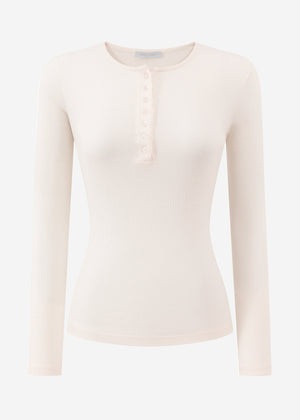 Ribbed long-sleeved shirt with button placket - light beige