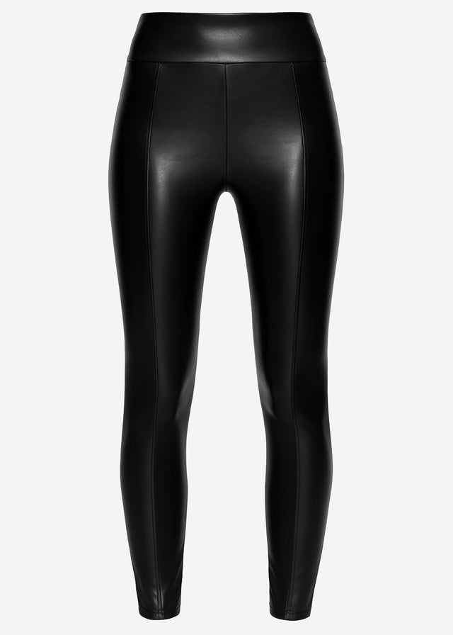 High-rise thermal faux leather leggings with seams - black