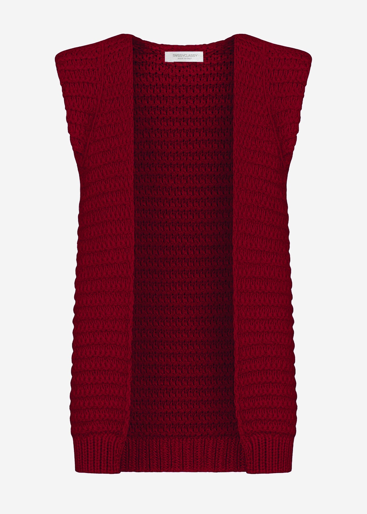 Lange ärmellose Strickweste mit strukturierten Schultern - burgundy