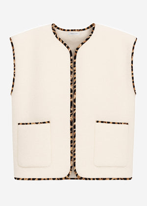 Teddy vest with leopard print trim - beige