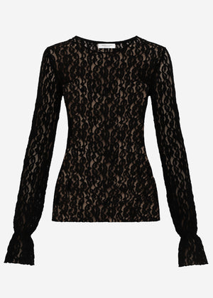 Langarm Spitzenshirt mit Volantärmeln - schwarz