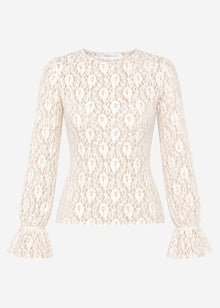 Long-sleeved lace top with flounce sleeves - cream