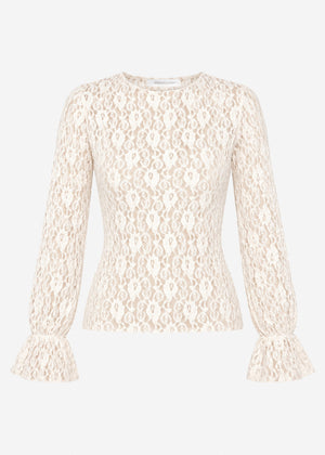 Long-sleeved lace top with flounce sleeves - cream