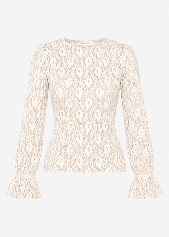 Long-sleeved lace top with flounce sleeves - cream