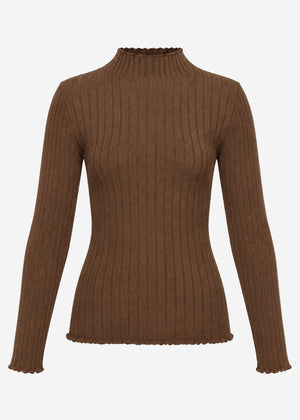 Ribbed knit top with funnel neck - brown