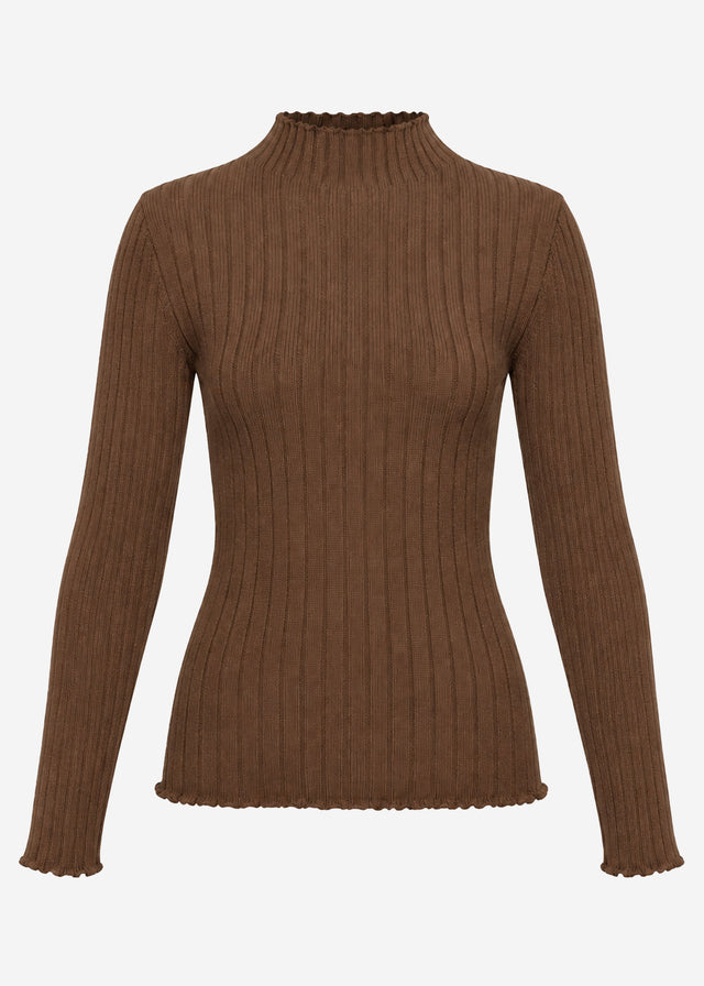 Ribbed knit top with funnel neck - brown