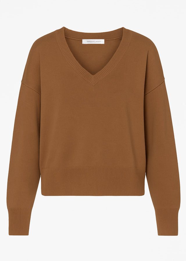 Oversized cotton jumper with deep V-neck - brown