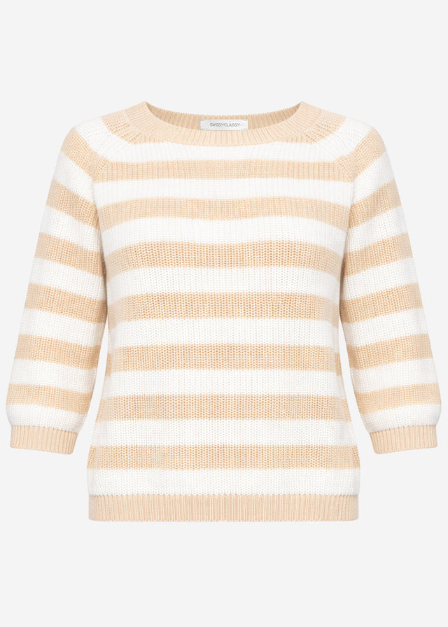 Cotton jumper with three-quarter sleeves and stripes - beige-off-white