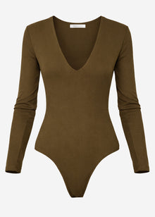 Langarm Body mit V-Ausschnitt - khaki