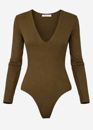 Long-sleeved bodysuit with V-neck - khaki