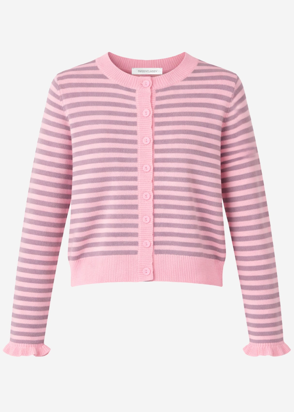 Gestreifte Strickjacke mit Volants - rosa