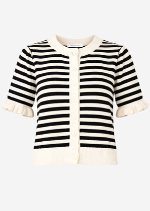 Gestreifte Kurzarm-Strickjacke mit Volants - offwhite-schwarz