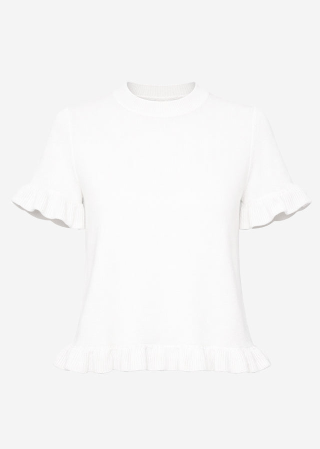 Short-sleeved jumper with flounces - off-white
