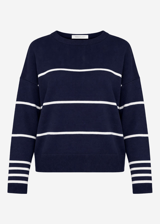 Feinstrickpullover mit Kontraststreifen - dunkelblau