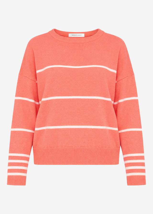 Feinstrickpullover mit Kontraststreifen - koralle