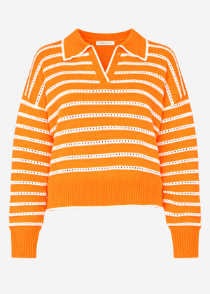 Feinstrickpullover mit Polokragen und Ajourstreifen - orange