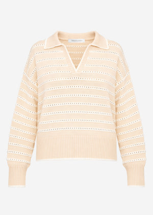 Feinstrickpullover mit Polokragen und Ajourstreifen - beige