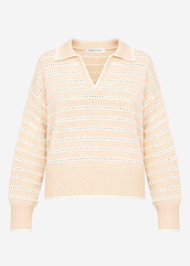 Feinstrickpullover mit Polokragen und Ajourstreifen - beige
