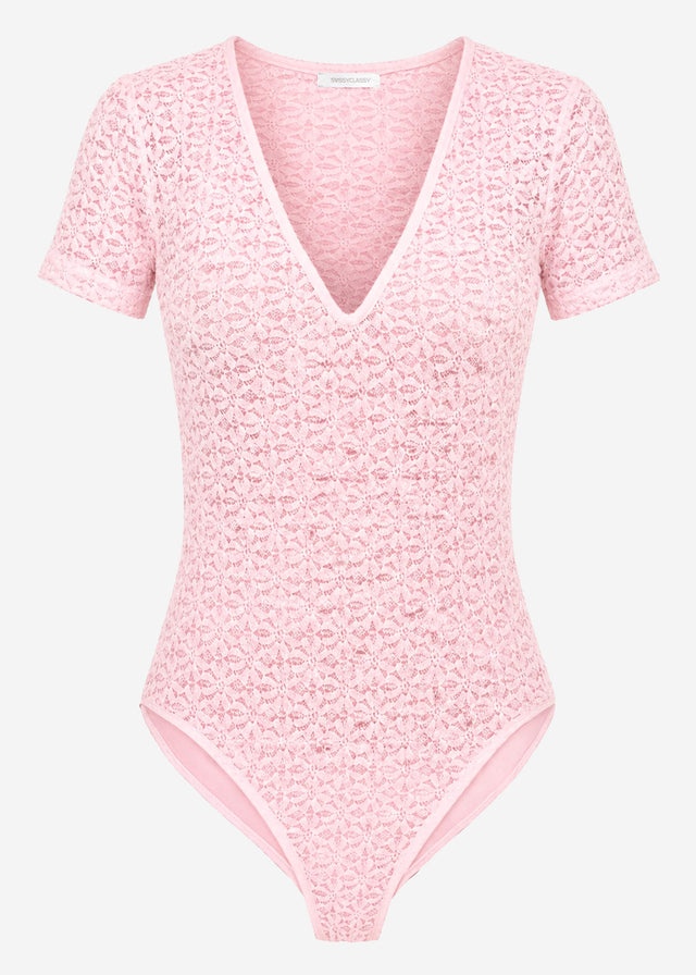 Short-sleeved floral lace bodysuit - rose