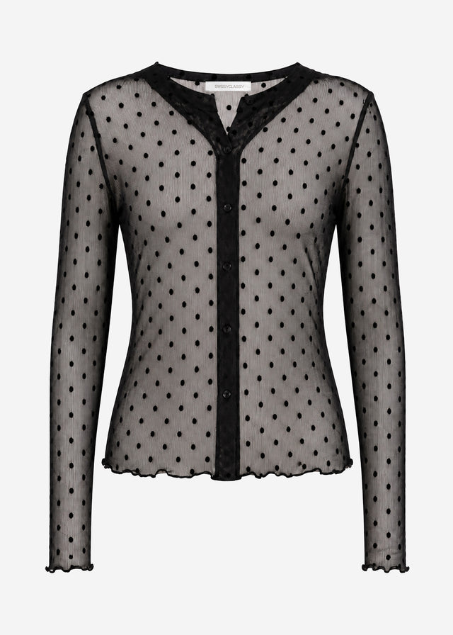 Mesh Langarmshirt mit Punktemuster - schwarz
