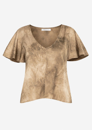 Kurzarm Satin Bluse mit Batik-Muster - braun