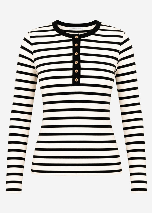 Striped long-sleeved top with button placket - black-white