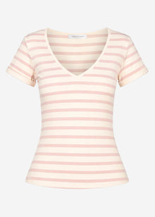 Striped T-shirt with V-neck - rose-off-white
