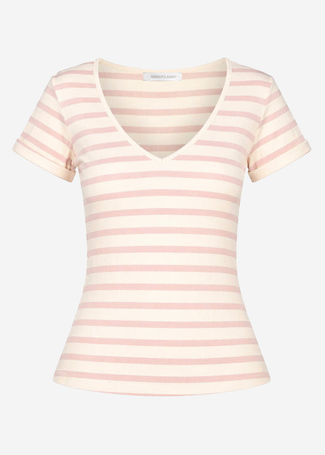 Striped T-shirt with V-neck - rose-off-white