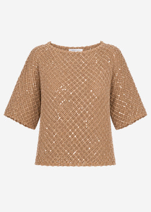 Netz-Shirt mit Pailletten - beige