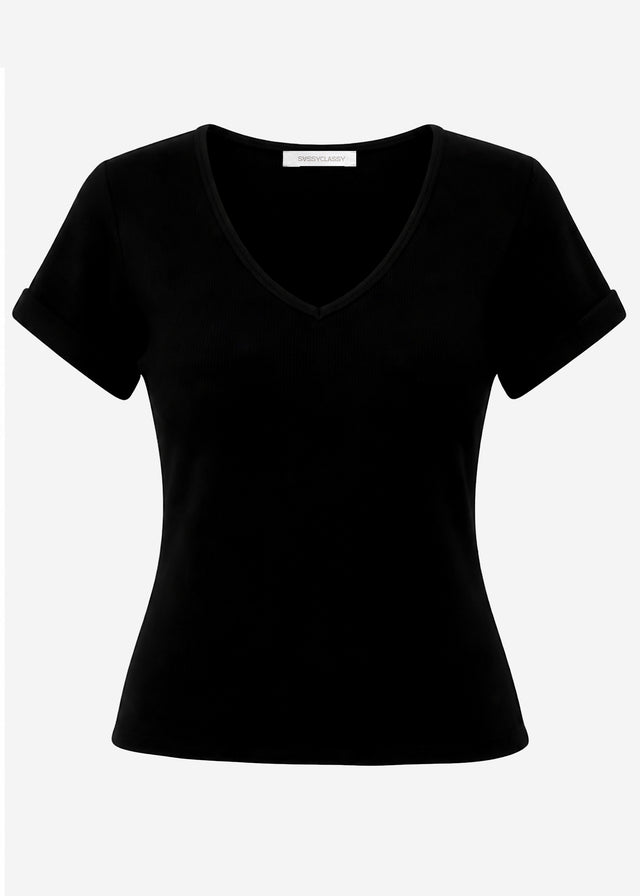 Geripptes T-Shirt mit V-Ausschnitt - schwarz