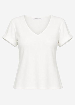 Geripptes T-Shirt mit V-Ausschnitt - offwhite