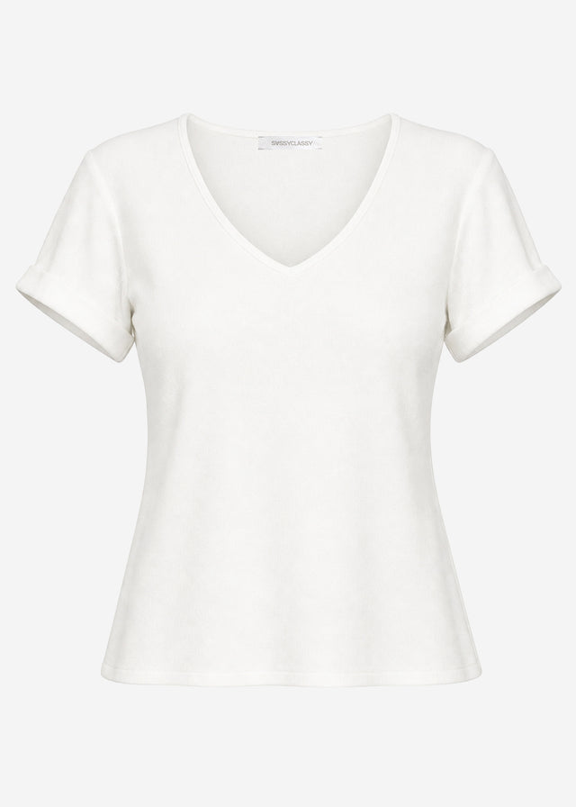 Geripptes T-Shirt mit V-Ausschnitt - offwhite