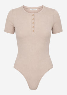 Short-sleeved bodysuit with button placket - beige