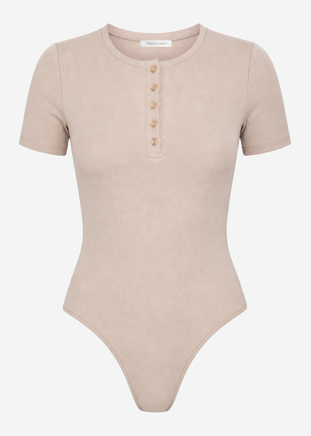 Short-sleeved bodysuit with button placket - beige