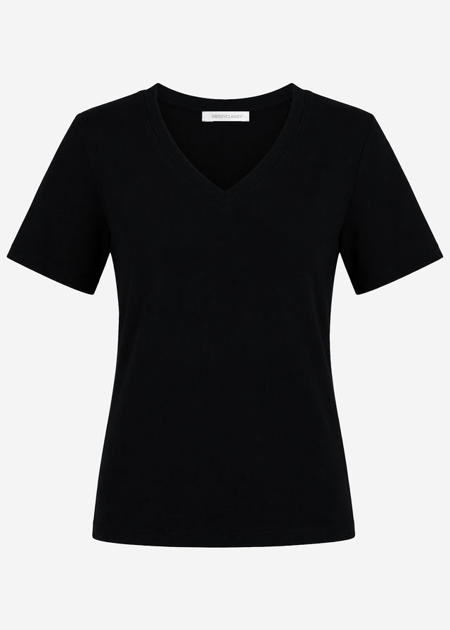 Lässiges Ripp T-Shirt mit V-Ausschnitt - schwarz