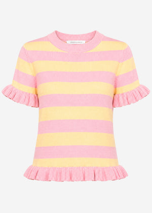 Gestreifter Kurzarm-Shirt mit Volants - rosa-buttergelb