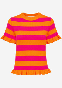 Gestreifter Kurzarm-Pullover mit Volants - orange-pink