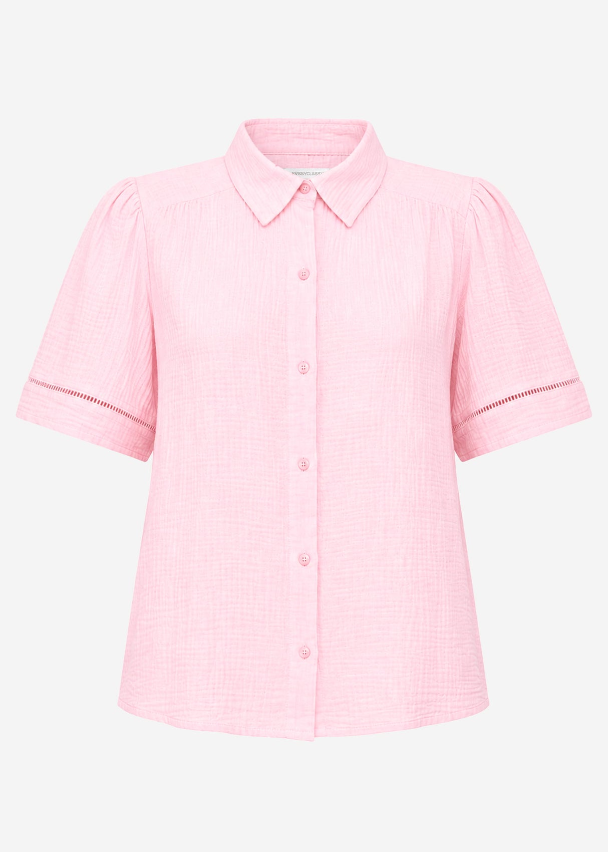 Kurzarm Musselin Bluse mit Spitzenborte - babyrosa