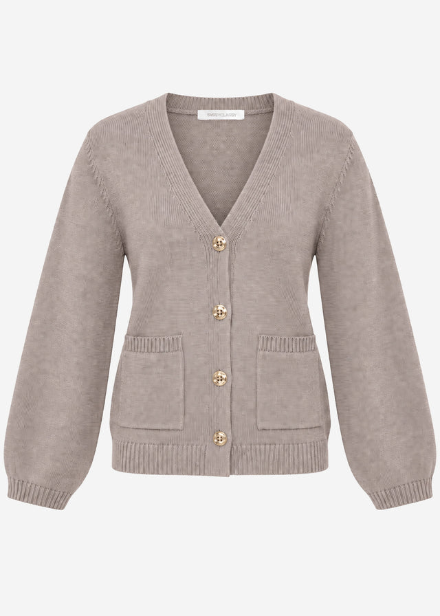 Strickjacke mit V-Ausschnitt und Goldknöpfen - taupe
