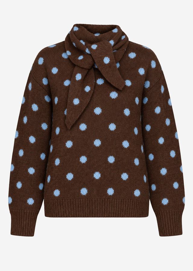 Gepunkteter Pullover mit Schal - braun